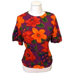 Vintage 80s Womens Tropical Floral Top Hawaiian Summer Vibrant Garden Vacation M